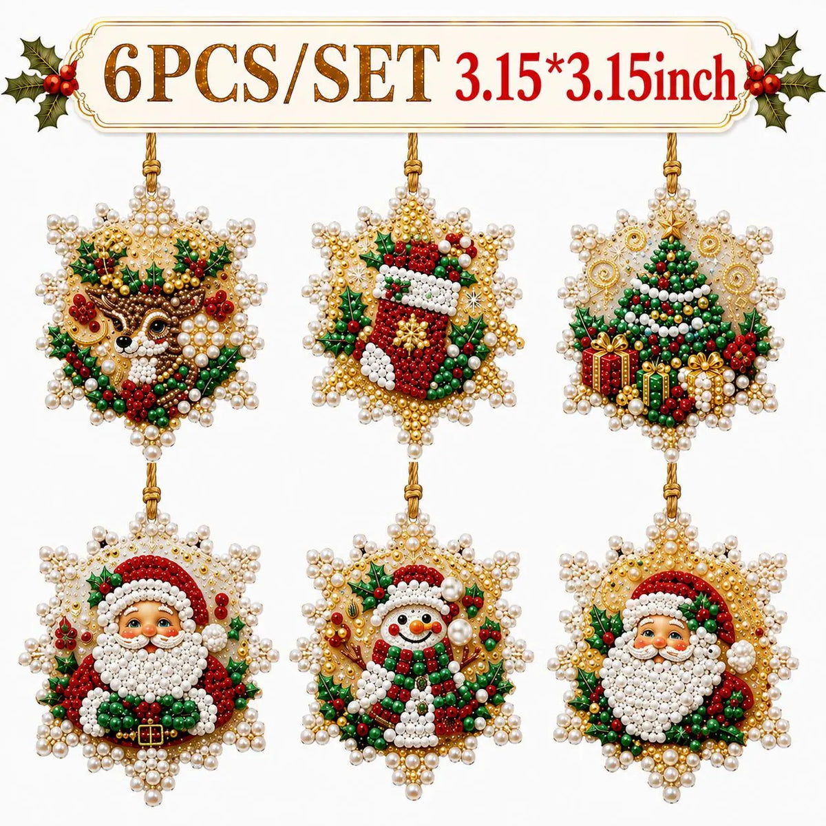 🎄✨6Pcs Christmas DIY Diamond Painting Ornaments Kit, Xmas Tree Hanging Pendant