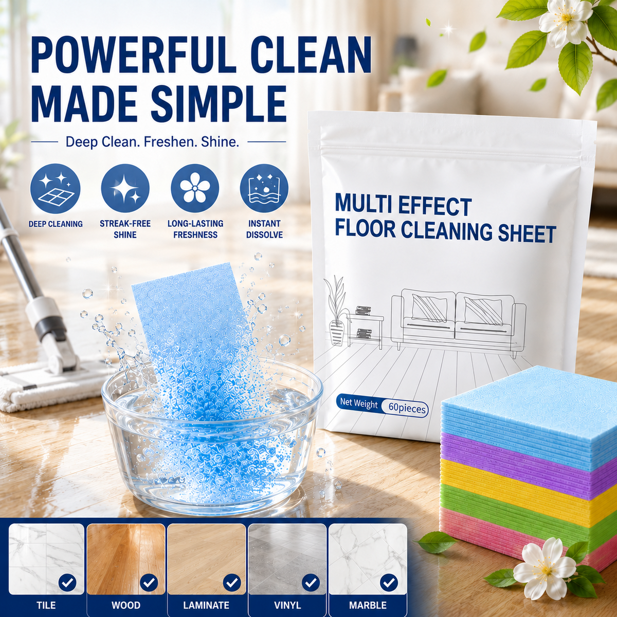 Multi-Effect Floor Cleaning Sheets 60-Pieces