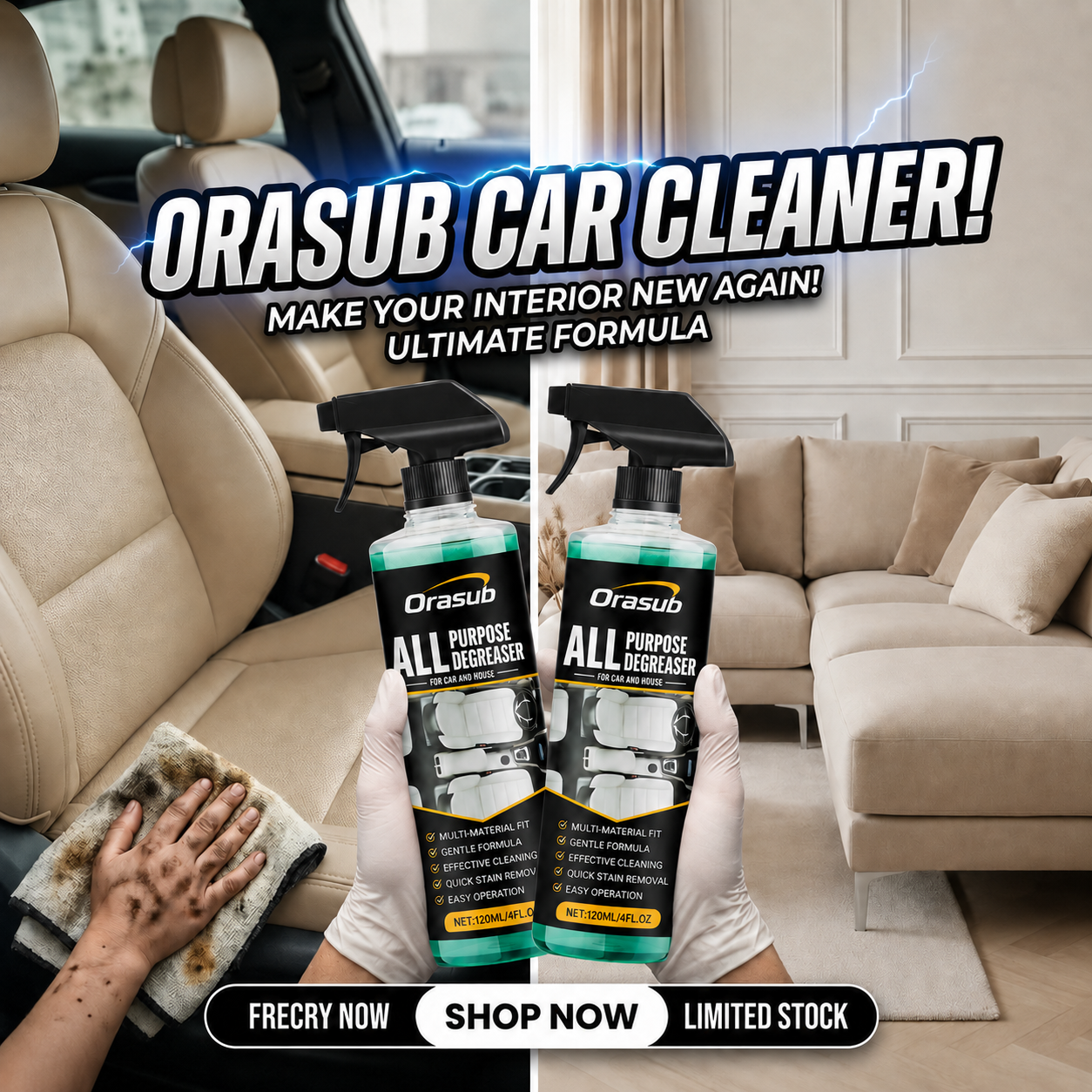 Multipurpose Foam Cleaner Spray - Heavy Duty Stain Remover for Car Interiors & Home Surfaces