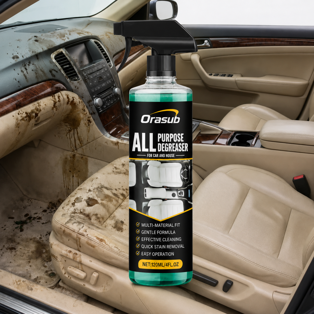 Multipurpose Foam Cleaner Spray - Heavy Duty Stain Remover for Car Interiors & Home Surfaces